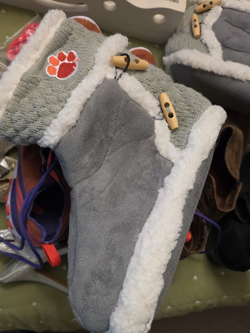 Gray Faux-Suede Shearling Boot with Orange Paw Accent